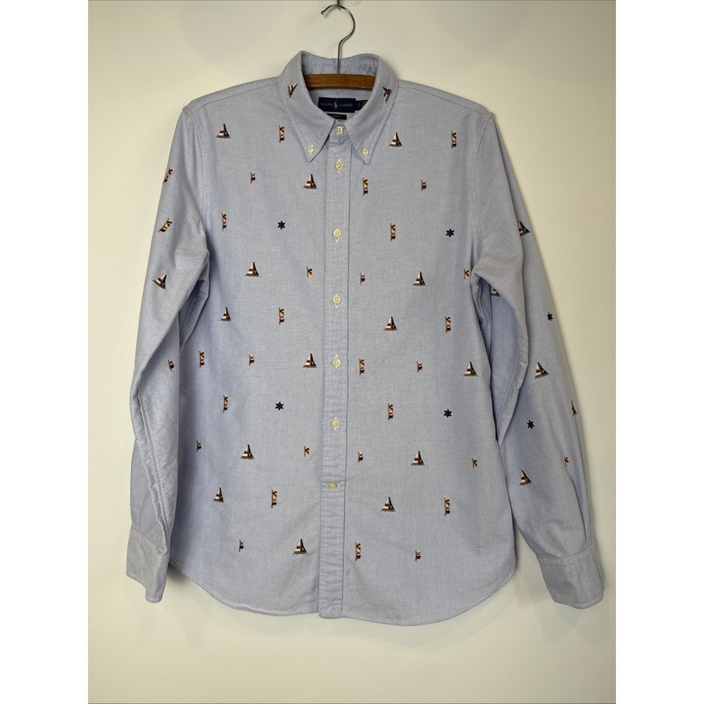 Ralph Lauren Men Sz L Button Down Cotton Linen Long Sleeve Shirt Blue Yacht Sail